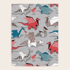 Origami dragon friends // linen texture background blue red grey and taupe fantastic creatures Poster Gallery Image 4
