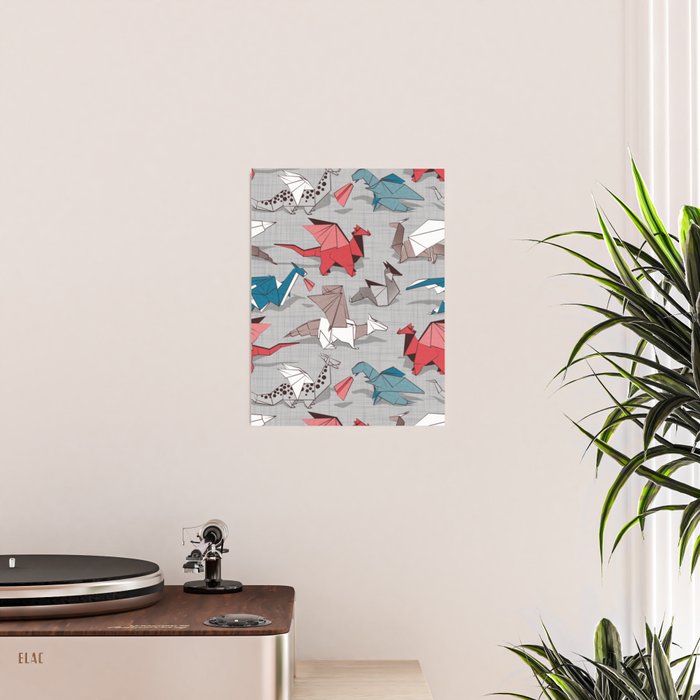 Origami dragon friends // linen texture background blue red grey and taupe fantastic creatures Poster Gallery Image 2