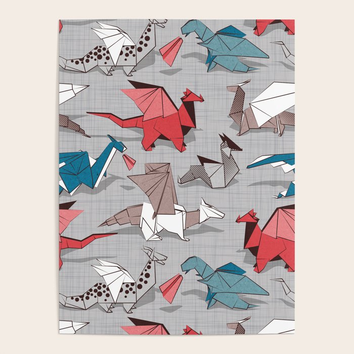 Origami dragon friends // linen texture background blue red grey and taupe fantastic creatures Poster Gallery Image 1
