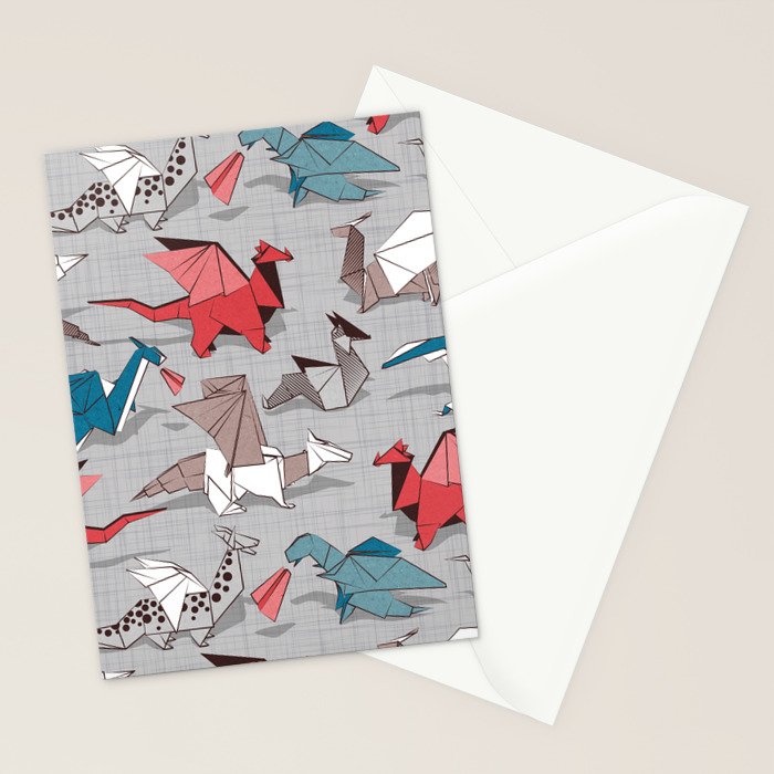 Origami dragon friends // linen texture background blue red grey and taupe fantastic creatures Stationery Card Gallery Image 2