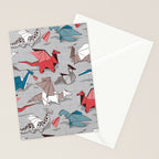 Origami dragon friends // linen texture background blue red grey and taupe fantastic creatures Stationery Card Gallery Image 2