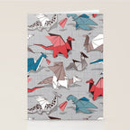 Origami dragon friends // linen texture background blue red grey and taupe fantastic creatures Stationery Card Gallery Image 2