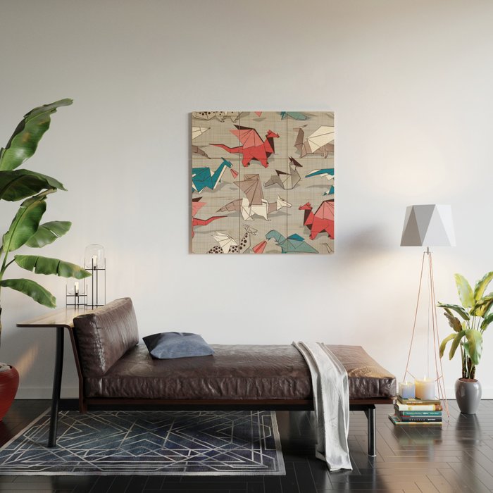 Origami dragon friends // linen texture background blue red grey and taupe fantastic creatures Wood Wall Art Gallery Image 2