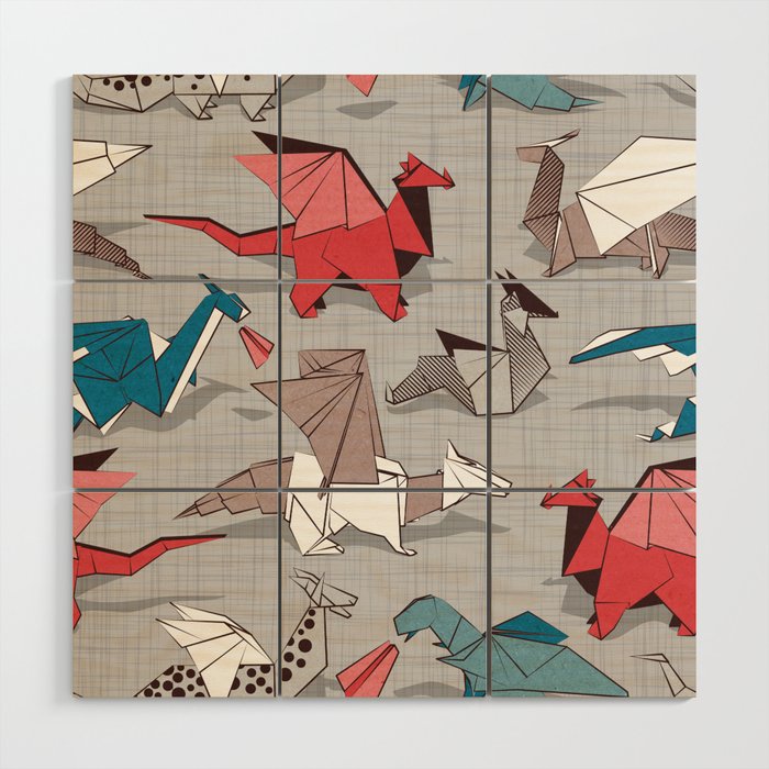 Origami dragon friends // linen texture background blue red grey and taupe fantastic creatures Wood Wall Art Gallery Image 1