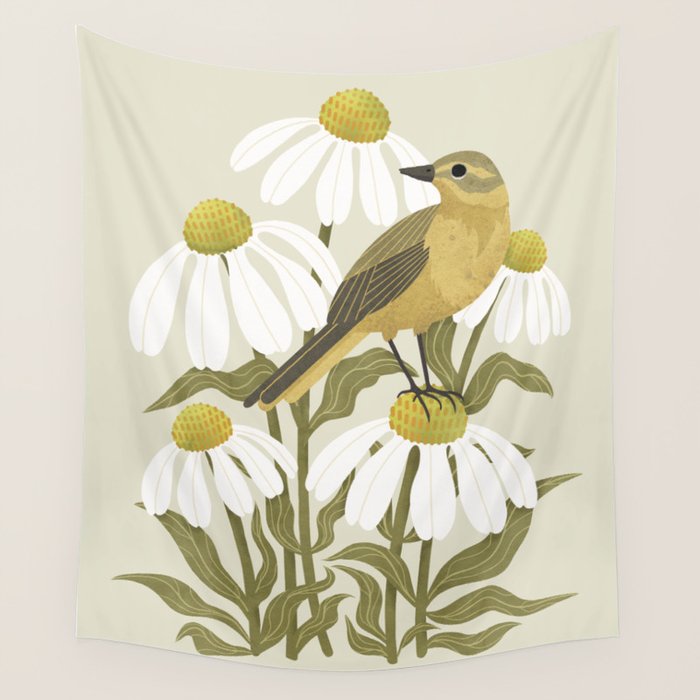 Yellow Wagtail on White Coneflowers  Wall Tapestry Gallery Image 1