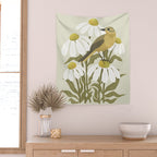 Yellow Wagtail on White Coneflowers  Wall Tapestry Gallery Image 2