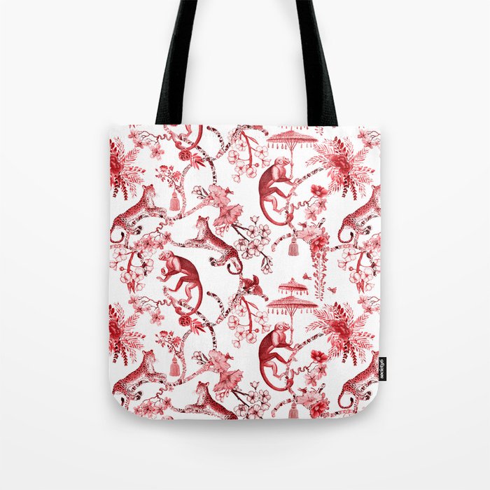 Chinoiserie Monkey Jungle Botanical Red Toile de Jouy Art Tote Bag Gallery Image 1