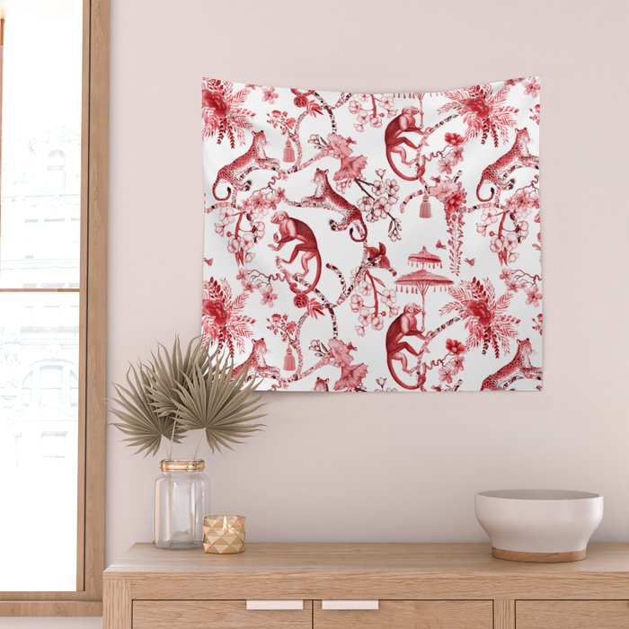 Chinoiserie Monkey Jungle Botanical Red Toile de Jouy Art Wall Tapestry Gallery Image 2
