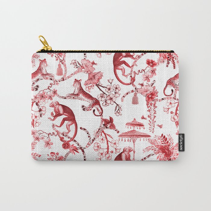 Chinoiserie Monkey Jungle Botanical Red Toile de Jouy Art Carry All Pouch Gallery Image 1