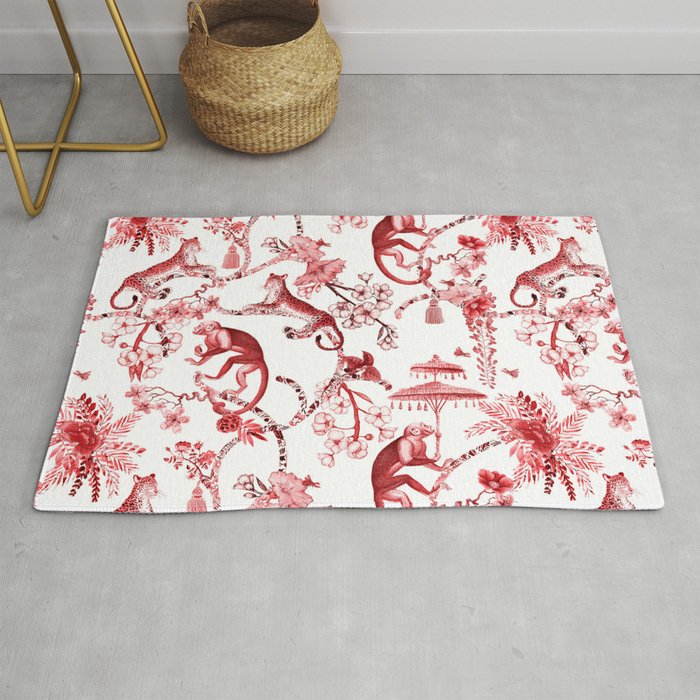 Chinoiserie Monkey Jungle Botanical Red Toile de Jouy Art Rug Gallery Image 1