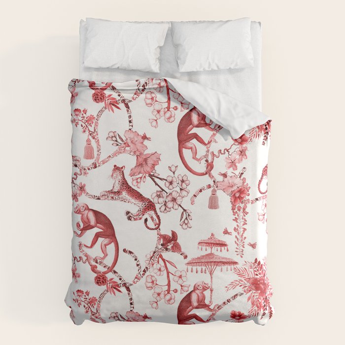 Chinoiserie Monkey Jungle Botanical Red Toile de Jouy Art Duvet Cover Gallery Image 1