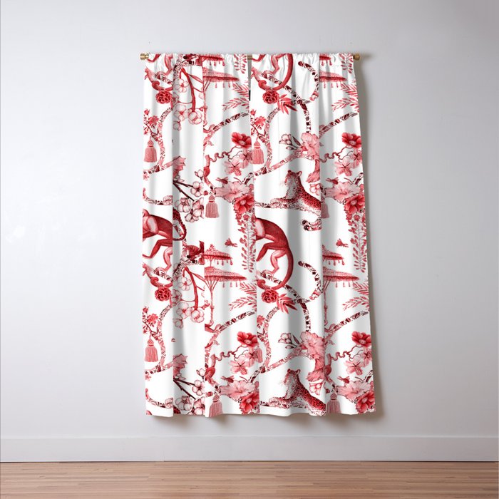 Chinoiserie Monkey Jungle Botanical Red Toile de Jouy Art Window Curtain Gallery Image 3