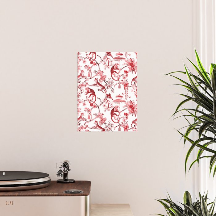 Chinoiserie Monkey Jungle Botanical Red Toile de Jouy Art Poster Gallery Image 2