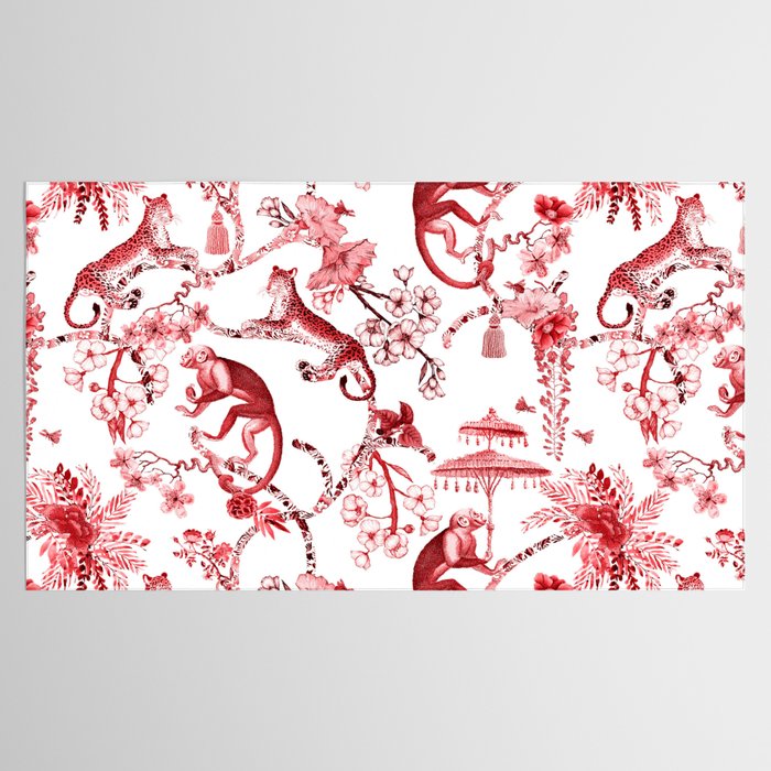Chinoiserie Monkey Jungle Botanical Red Toile de Jouy Art Tablecloth Gallery Image 2