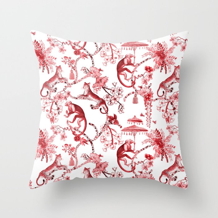 Chinoiserie Monkey Jungle Botanical Red Toile de Jouy Art Throw Pillow Gallery Image 1