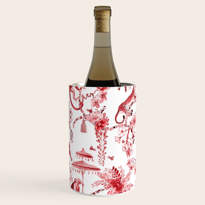 Chinoiserie Monkey Jungle Botanical Red Toile de Jouy Art Wine Chiller Gallery Image 3