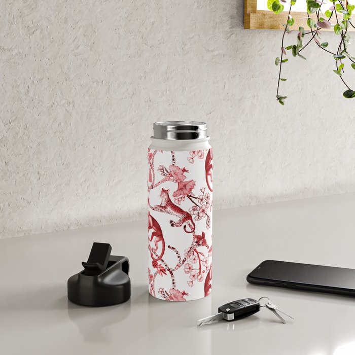 Chinoiserie Monkey Jungle Botanical Red Toile de Jouy Art Water Bottle Gallery Image 4
