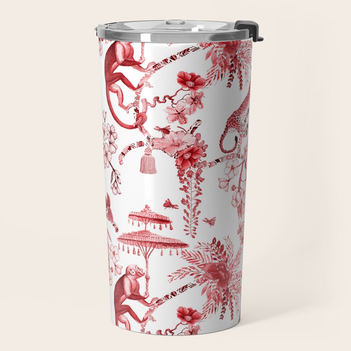 Chinoiserie Monkey Jungle Botanical Red Toile de Jouy Art Travel Mug Gallery Image 2