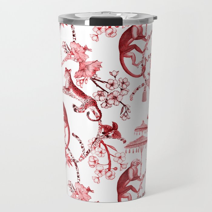Chinoiserie Monkey Jungle Botanical Red Toile de Jouy Art Travel Mug Gallery Image 1