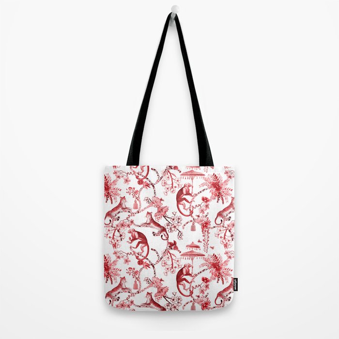 Chinoiserie Monkey Jungle Botanical Red Toile de Jouy Art Tote Bag Gallery Image 2