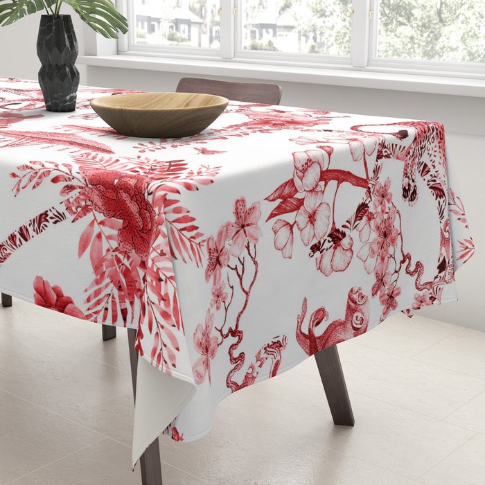 Chinoiserie Monkey Jungle Botanical Red Toile de Jouy Art Tablecloth Gallery Image 3
