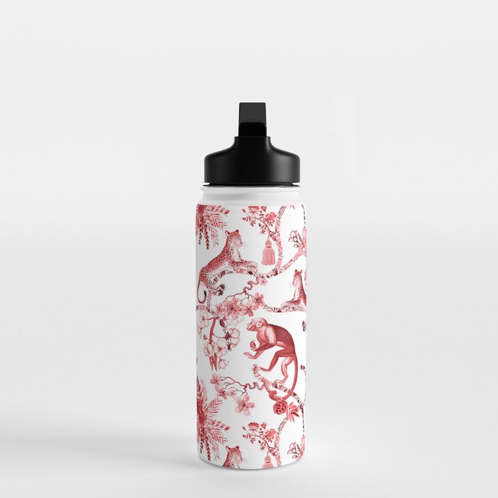 Chinoiserie Monkey Jungle Botanical Red Toile de Jouy Art Water Bottle Gallery Image 3