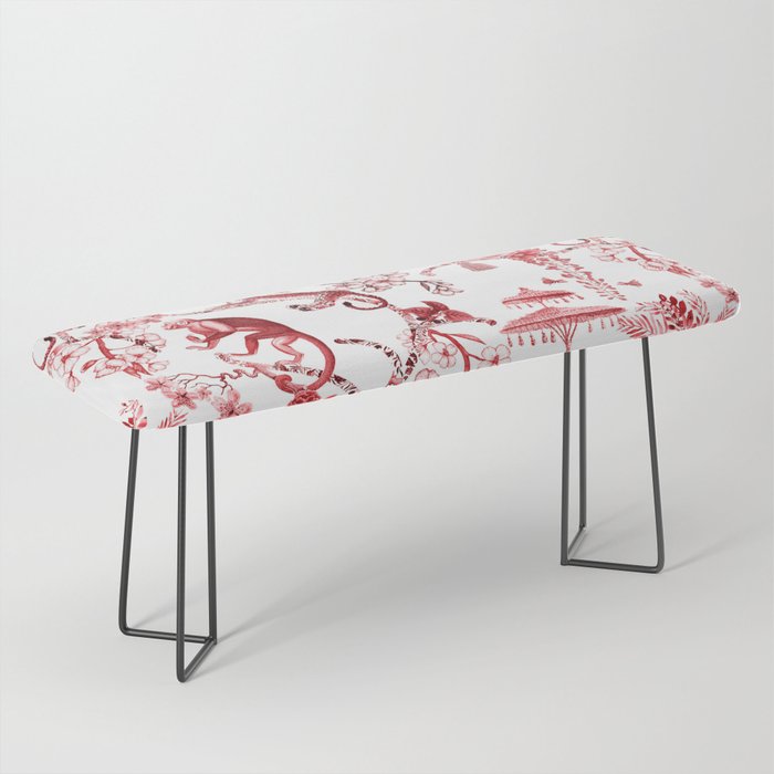 Chinoiserie Monkey Jungle Botanical Red Toile de Jouy Art Bench Gallery Image 1