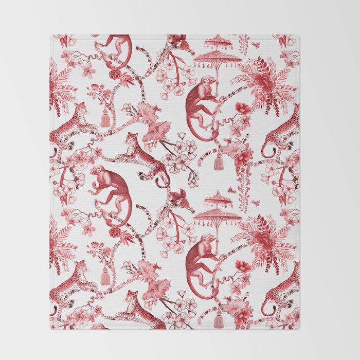 Chinoiserie Monkey Jungle Botanical Red Toile de Jouy Art Throw Blanket Gallery Image 2