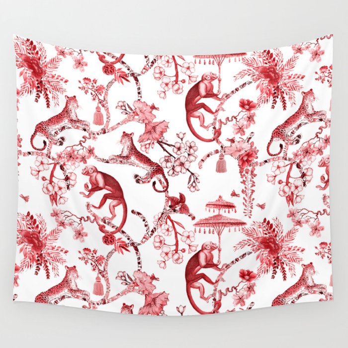 Chinoiserie Monkey Jungle Botanical Red Toile de Jouy Art Wall Tapestry Gallery Image 4