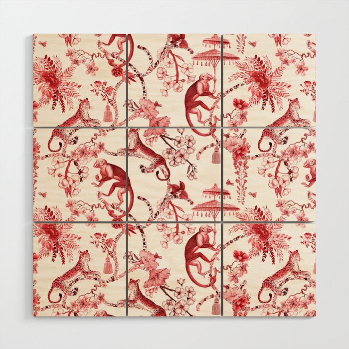 Chinoiserie Monkey Jungle Botanical Red Toile de Jouy Art Wood Wall Art Gallery Image 1