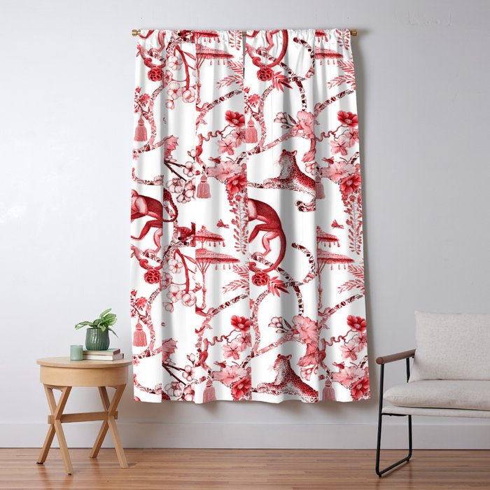 Chinoiserie Monkey Jungle Botanical Red Toile de Jouy Art Window Curtain Gallery Image 5