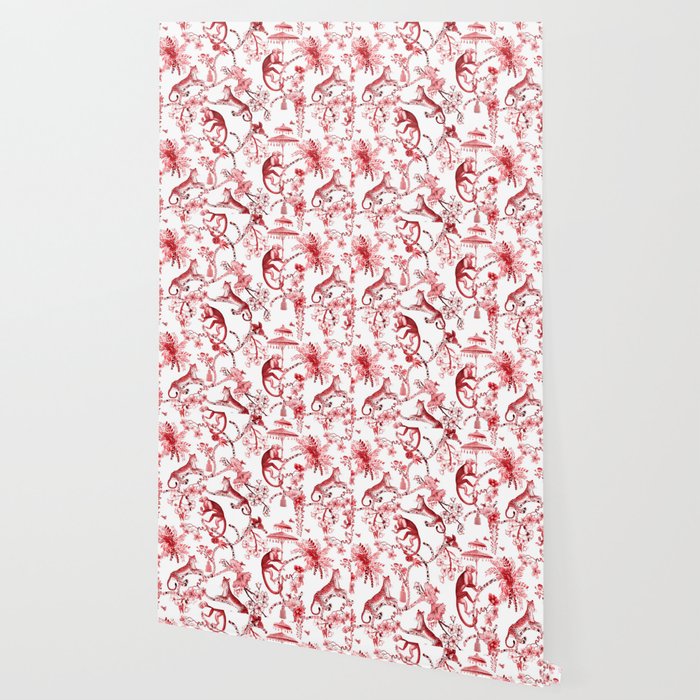 Chinoiserie Monkey Jungle Botanical Red Toile de Jouy Art Wallpaper Gallery Image 2