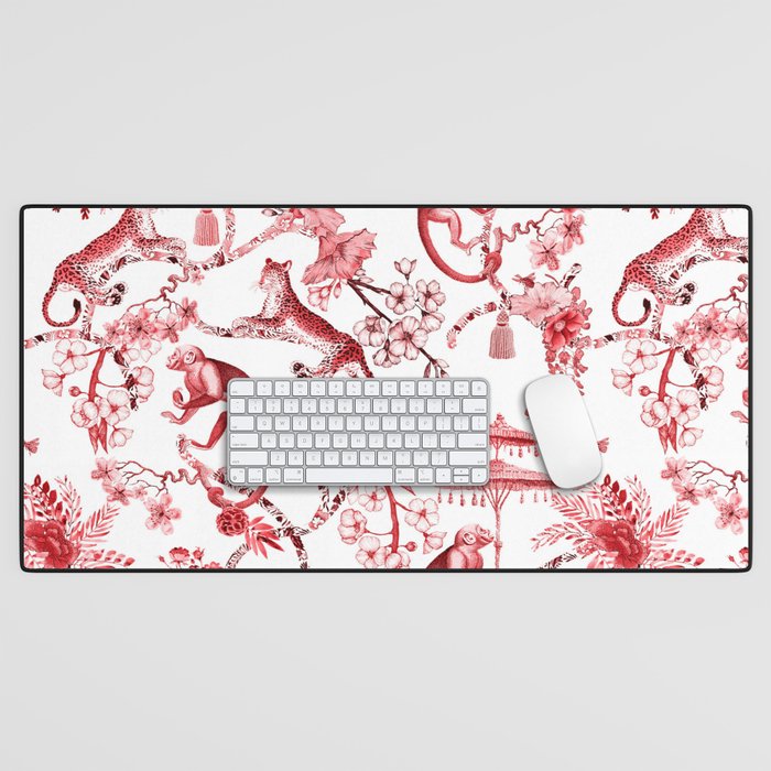 Chinoiserie Monkey Jungle Botanical Red Toile de Jouy Art Desk Mat Gallery Image 1