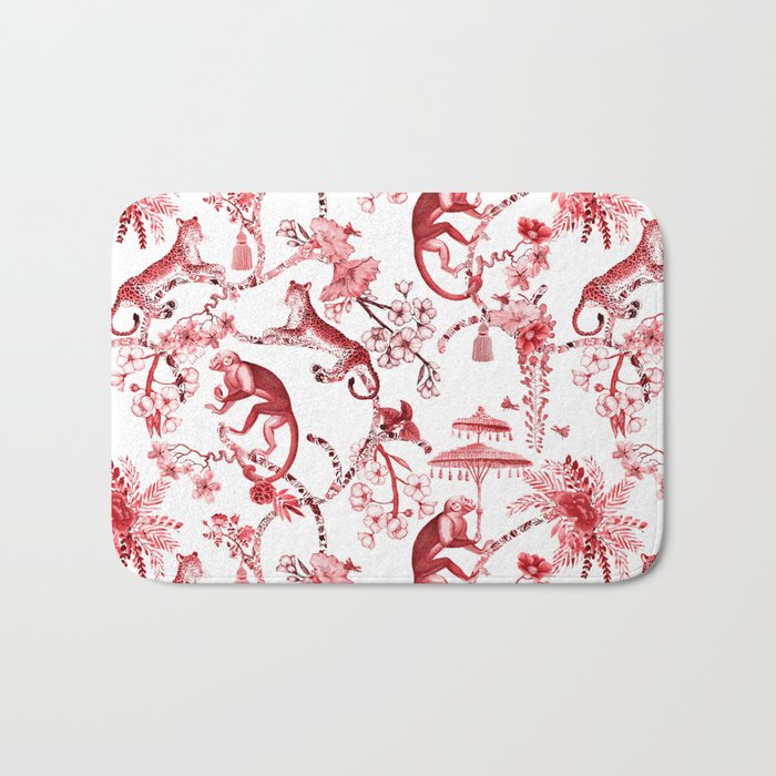 Chinoiserie Monkey Jungle Botanical Red Toile de Jouy Art Bath Mat Gallery Image 1