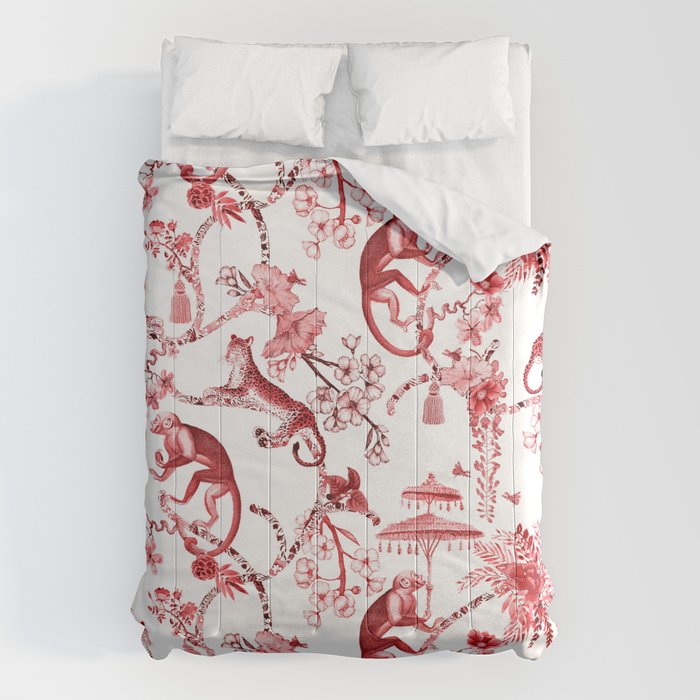 Chinoiserie Monkey Jungle Botanical Red Toile de Jouy Art Comforter Gallery Image 6