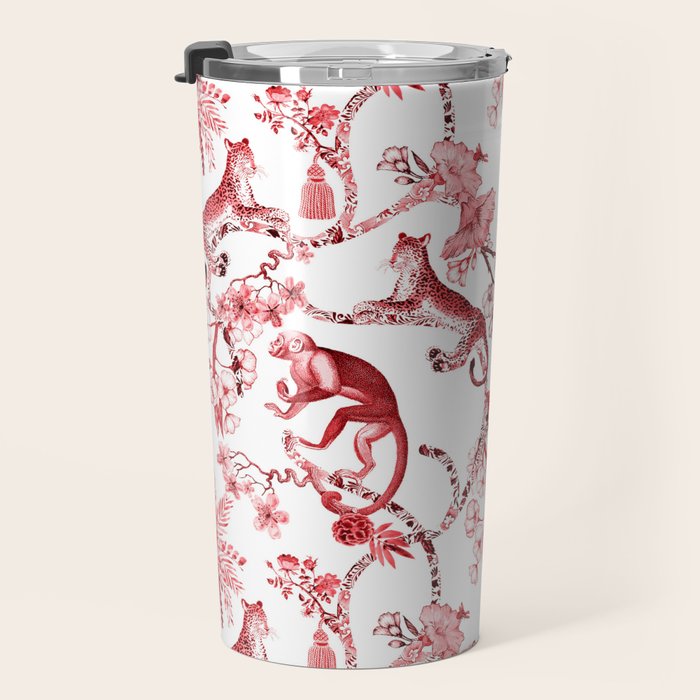 Chinoiserie Monkey Jungle Botanical Red Toile de Jouy Art Travel Mug Gallery Image 3
