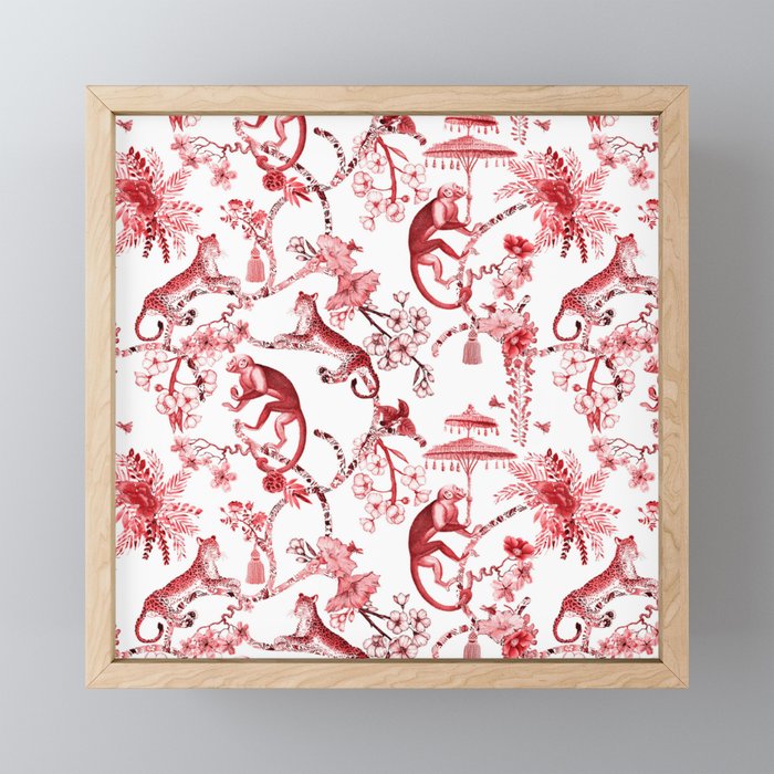 Chinoiserie Monkey Jungle Botanical Red Toile de Jouy Art Mini Art Print Gallery Image 1