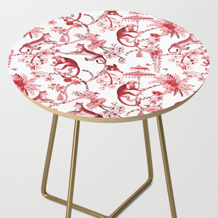 Chinoiserie Monkey Jungle Botanical Red Toile de Jouy Art Side Table Gallery Image 2
