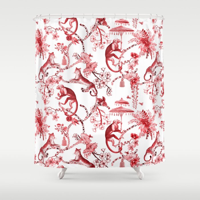 Chinoiserie Monkey Jungle Botanical Red Toile de Jouy Art Shower Curtain Gallery Image 1