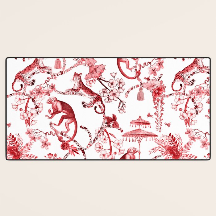 Chinoiserie Monkey Jungle Botanical Red Toile de Jouy Art Desk Mat Gallery Image 3
