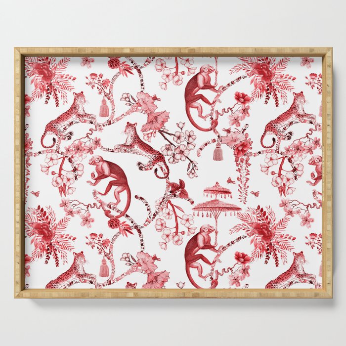 Chinoiserie Monkey Jungle Botanical Red Toile de Jouy Art Serving Tray Gallery Image 1