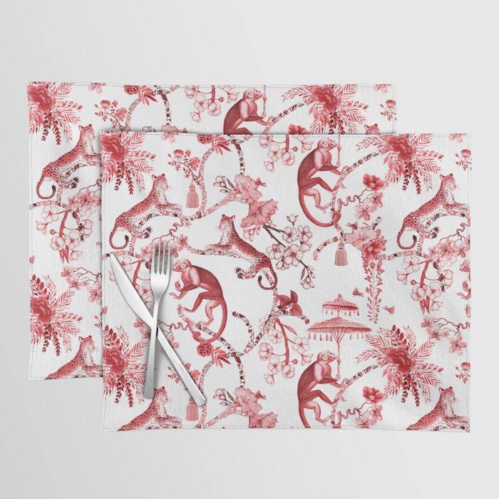 Chinoiserie Monkey Jungle Botanical Red Toile de Jouy Art Placemat Gallery Image 1