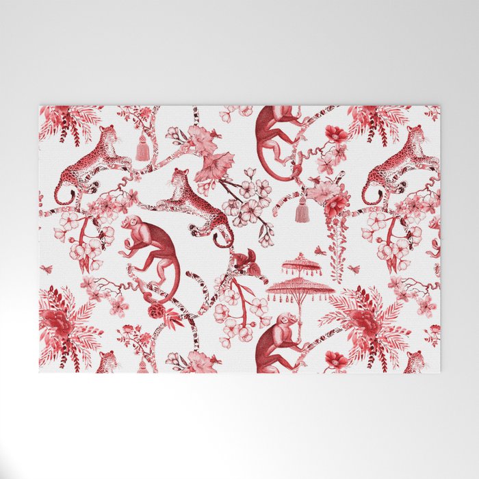 Chinoiserie Monkey Jungle Botanical Red Toile de Jouy Art Welcome Mat Gallery Image 1