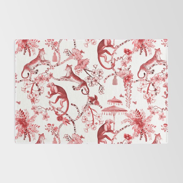 Chinoiserie Monkey Jungle Botanical Red Toile de Jouy Art Rug Gallery Image 2