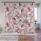 Chinoiserie Monkey Jungle Botanical Red Toile de Jouy Art Wall Mural Gallery Image 1