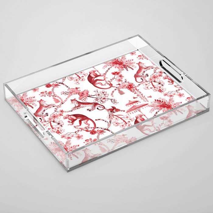 Chinoiserie Monkey Jungle Botanical Red Toile de Jouy Art Acrylic Tray Gallery Image 1