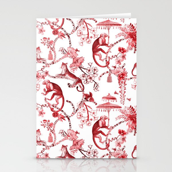 Chinoiserie Monkey Jungle Botanical Red Toile de Jouy Art Stationery Card Gallery Image 1