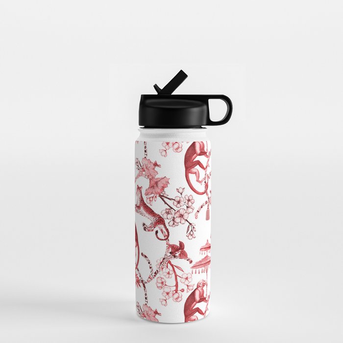 Chinoiserie Monkey Jungle Botanical Red Toile de Jouy Art Water Bottle Gallery Image 1