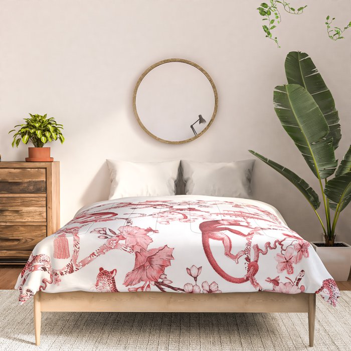 Chinoiserie Monkey Jungle Botanical Red Toile de Jouy Art Comforter Gallery Image 3