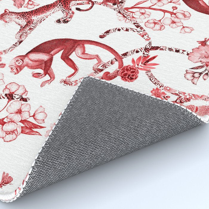 Chinoiserie Monkey Jungle Botanical Red Toile de Jouy Art Rug Gallery Image 4